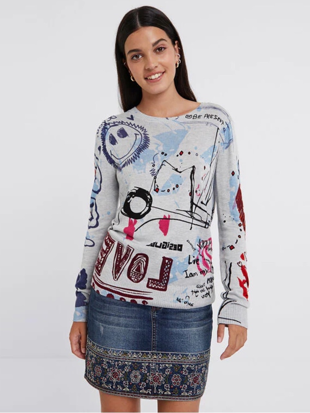 Desigual - Slim Knit Sweater - Doodles Print
